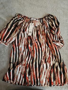 Notations Red Orange Black Cream Striped Animal Print Peasant Blouse